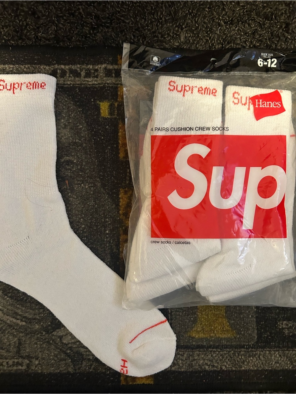Supreme White Crew Socks with Red Logo - 4 Pack